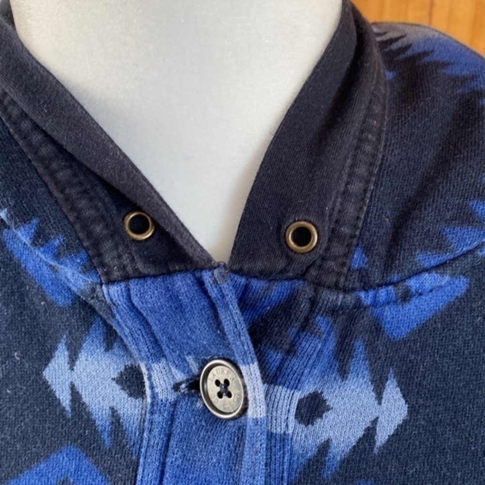 Vintage Ralph Lauren blue black knit Navajo Print button up jacket hoodie - Picture 5 of 12